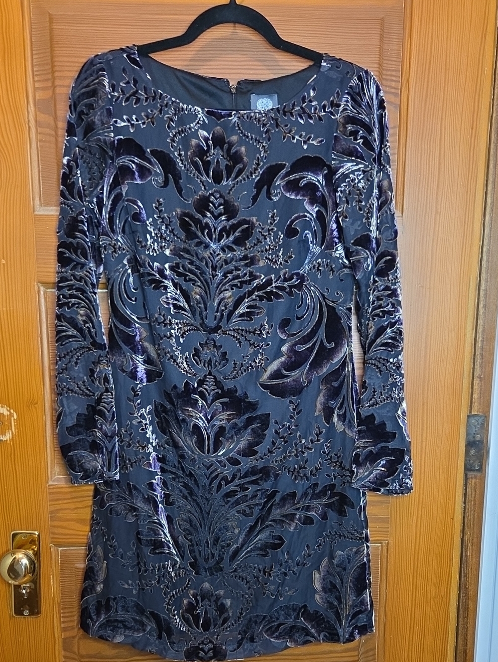 Vince Camuto Black and Deep Purple Velvet Burnout Long Sleeve Dress